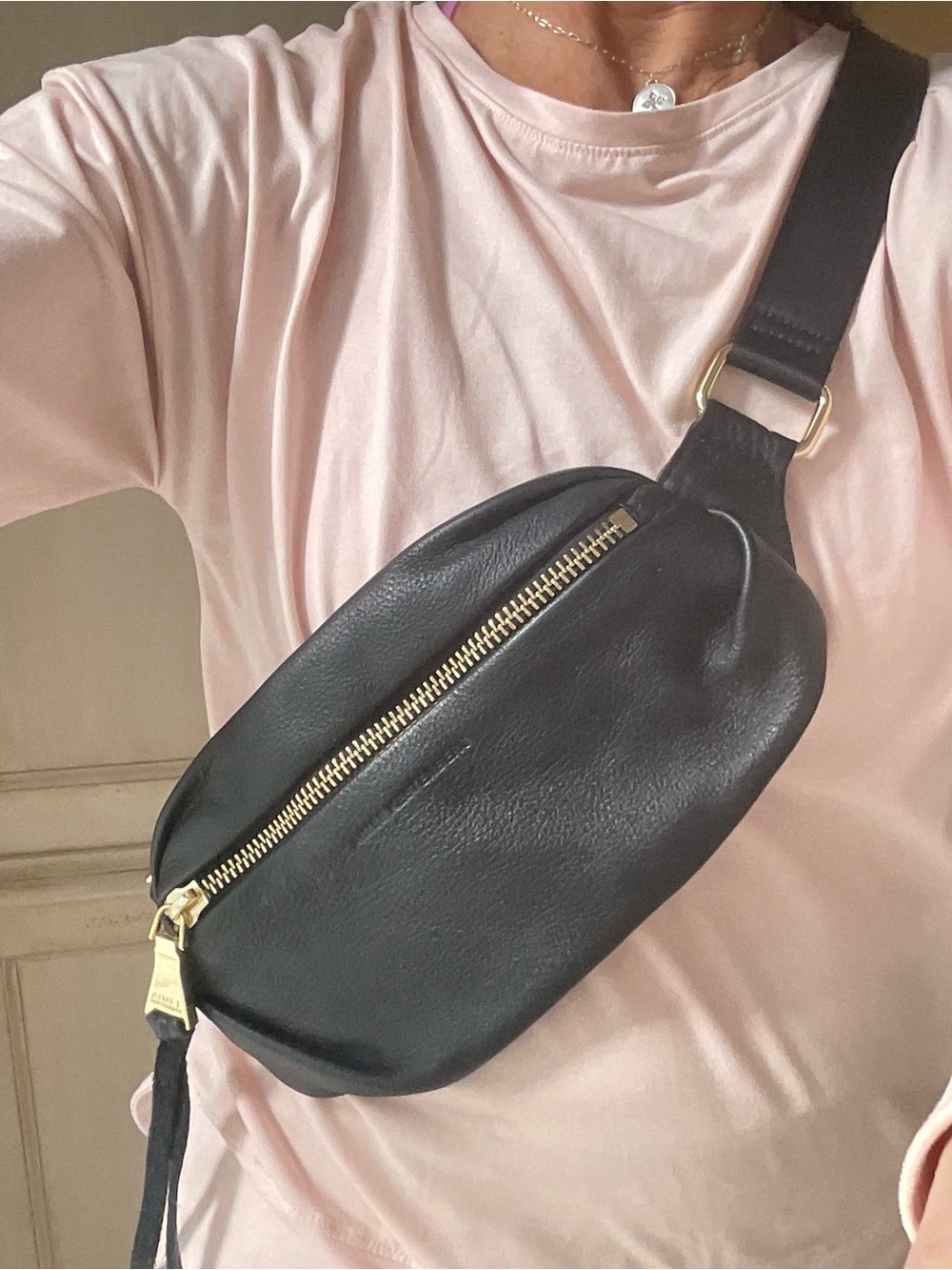 Aimee Kestenberg Black Leather Crossbody Belt Bag with Gold Zipper